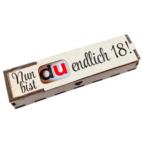 Nun bist Du endlich 18! - Holz Geschenkbox geschliffen mit Spruch Lasergravur inkl. Duplo Schokoriegel Schokolade Geschenkidee Handarbeit von Girahlutions