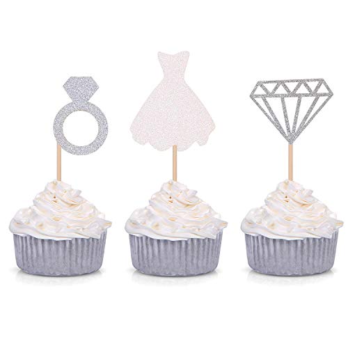 24 Stück Glitzer-Diamantenring Hochzeit Kleid Cupcake Topper Verlobung Brautschmuck Brautschmuck von Giuffi