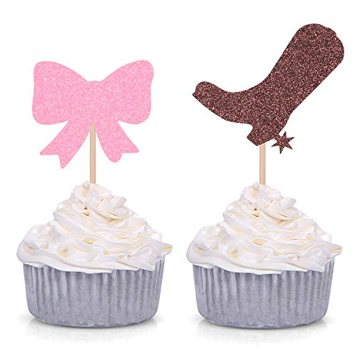 Cupcake-Topper mit Glitzer-Stiefeln oder Schleifen, 24 Stück, Braun und Rosa von Giuffi