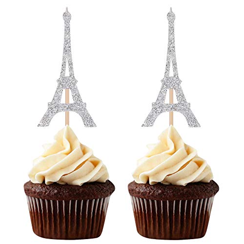 Cupcake-Topper mit Paris-Motiv, Eiffelturm-Form, Party-Picker, Hochzeit, Brautparty, Dekoration, silberfarben, 24 Stück von Giuffi