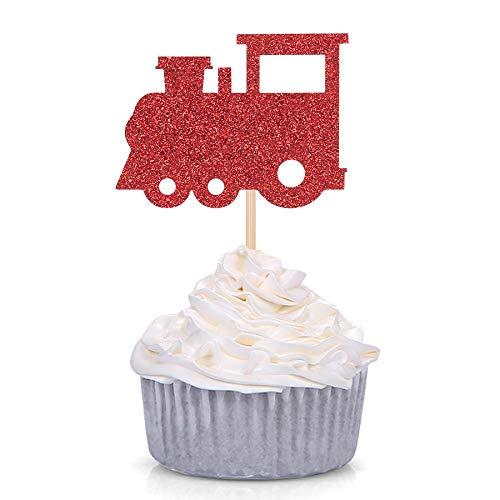 Giuffi 24 Stück rote Glitzer-Zug Cupcake Topper Kindergeburtstag Babyparty Party Picks von Giuffi