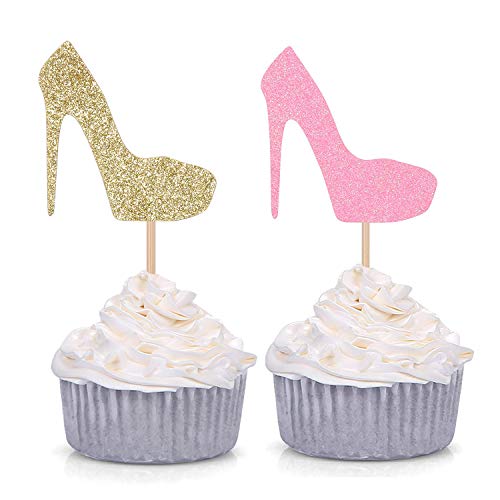 Pink und Gold glitzernde High Heel Cupcake Topper Stiletto Pump Dekoration Picks für Hochzeit Verlobung Brautparty Junggesellenabschied – 24 Stück von Giuffi