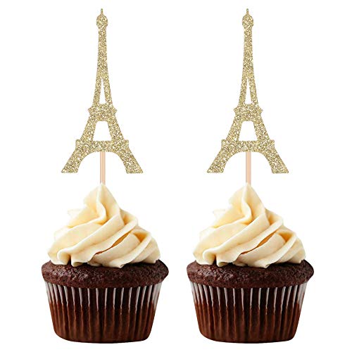 Set mit 24 Cupcake-Aufsätzen, Motiv: Paris, Eiffelturm, Party-Picker, Hochzeit, Brautparty, Dekoration – Gold von Giuffi