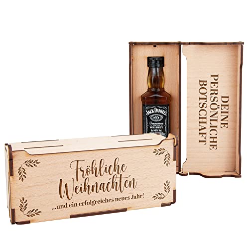 Personalisierte Geschenkebox aus Holz "Fröhliche Weihnachten" mit Gravur und Minibottle von Glitzerversum