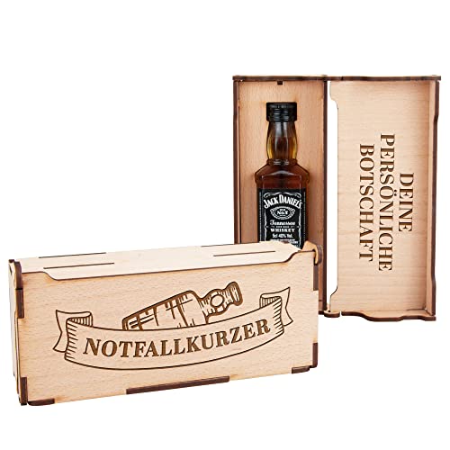 Personalisierte Geschenkebox aus Holz"Notfallkurzer" mit Gravur und Minibottle von Glitzerversum