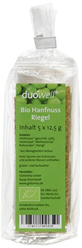 duówell® - Hanfnuss Riegel Bio | Bio-Hanfnuss Riegel, reich an Omega-3 & Proteinen | Hanfnussriegel mit Sesam und Honig ideal als Snack für unterwegs | Gluten- und laktosefrei | 5 Stück à 62,5g von GloboVita