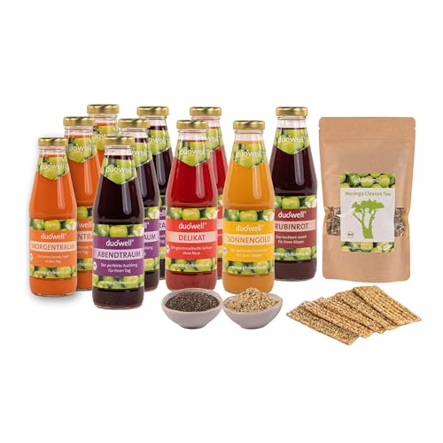 duówell® - balance Saftwoche Set Bio | Fasten-Set mit Ablaufplan | 7 tägige Bio Saftkur inkl. Säfte, Suppe, Moringatee & Superfoods | Fastenkur in Glasflaschen & Safety Box | Gluten- & laktosefrei von duówell