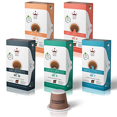Glorybrew - 50 kompostierbare Kaffeekapseln Nespresso kompatibel - Probierbox 5 Sorten Espresso Lungo Ristretto - nachhaltige Kapseln von Glorybrew