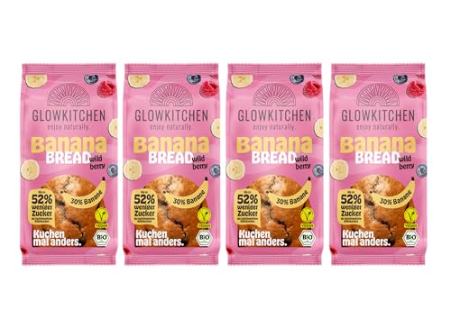 Glowkitchen Bananenbrot - Veganer Kuchen - Gesunder Snack - Bio - Mit Dinkelvollkornmehl & 30% Banane - Weniger Zucker - Lange Haltbarkeit - fertig gebacken - 4er Bundle (wild berry) von Glowkitchen we nourish you flourish