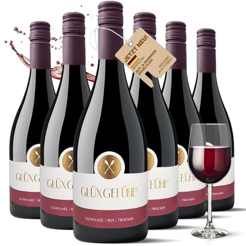 GlüxGefühl Cuvée Rotwein Trocken 6x 0,75l - Deutscher Cuvée Rotwein Trocken aus Bad-Sobernheim - Hochwertiger & Authentischer Rotwein - 6er-Pack Geburtstagsgeschenk für Frauen & Männer - Wein Geschenk von GlüxGefühl