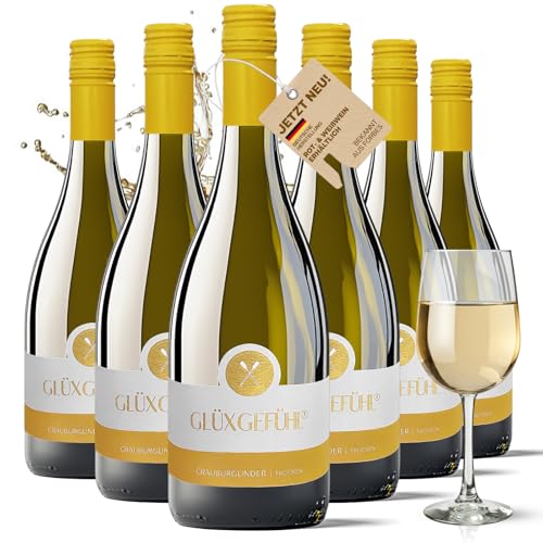 Glüxgefühl Grauburgunder trocken, 6x 0,75l - Deutscher Weißwein trocken aus Bad-Sobernheim - Hochwertiger & Authentischer Weißwein im 6er-Pack - Perfekt für Geschenke & Feiern - Wein Geschenkset von GlüxGefühl