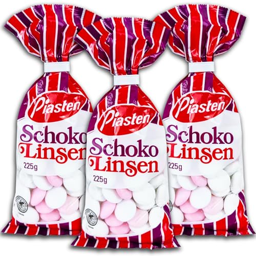 3 er Pack Piasten Schoko Linsen 3 x 225g Schokoladen-Dragees mit Zuckerüberzug und Pfefferminz-Geschmack von Gmbh