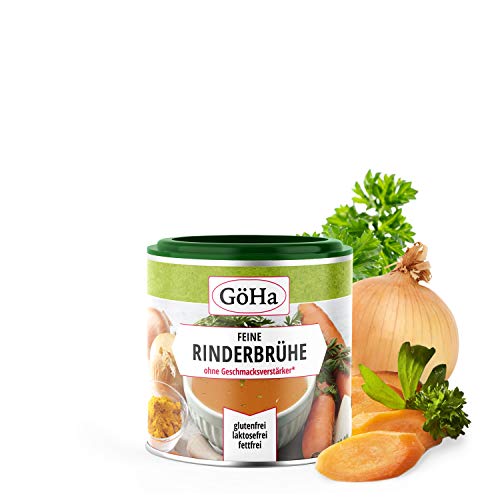 GöHa Rinderbrühe ohne Geschmacksverstärker und Zusatzstoffe / Fleischbrühe / Rindsbouillon / Glutenfreie Lebensmittel / Brühe ohne Glutamat / Vielseitige gekörnte Brühe für jede Küche (1x 130g) von GöHa