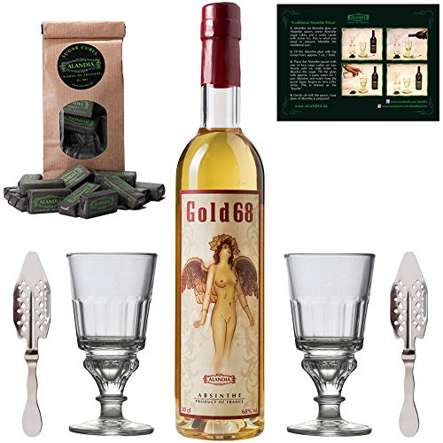 Absinth Set Gold68 | ohne Anis | 2x Absinth Gläser | 2x Absinth Löffel | 1x Absinth Zuckerwürfel | 68% | (1x 0.5 l) von Gold68