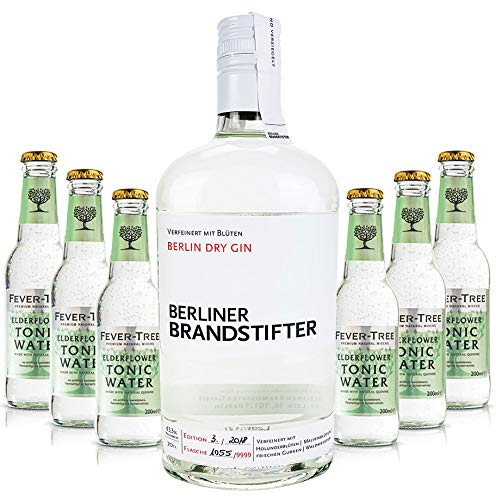 Brandstifter Berlin Dry Gin 0,7l (43,3% Vol) + 6x Fever-Tree Elderflower Tonic Water 0,2l MEHRWEG Bar Longdrink Cocktail Sammlung Gin Tonic inkl. PFAND- [Enthält Sulfite] von Goldberg-Goldberg