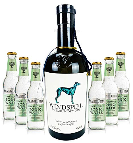 Windspiel Premium Dry Gin 0,5l (47% Vol) + 6x Fever-Tree Elderflower Tonic Water 0,2l MEHRWEG Bar Longdrink Cocktail Sammlung Gin Tonic inkl. PFAND- [Enthält Sulfite] von Goldberg-Goldberg