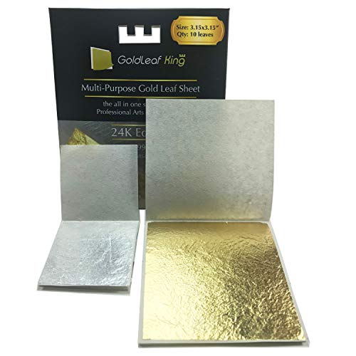 99.99% Purity Large 10 x 24K Edible Gold Leaf Sheets 3.15 x 3.15 inches Goldleafking for Cooking Cake & Chocolate Arts Food Decoration Golden Chicken Gilding Multi-Purpose + Free Silver Leaf x 10 von Goldleafking