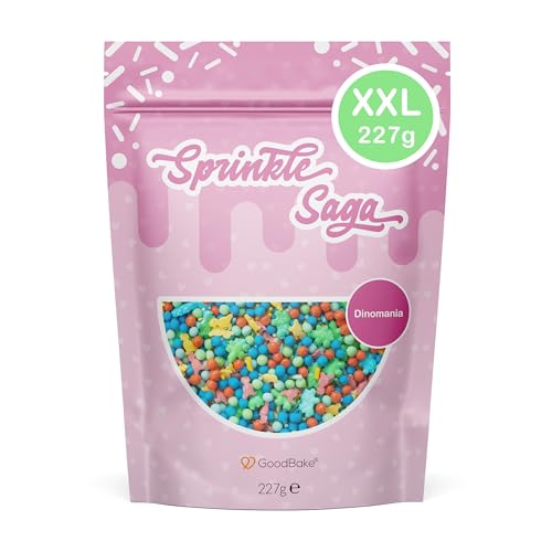 GoodBake Streuselmischung "Dinomania" (227g) - bunter Streusel-Mix mit Dinos - essbare Zuckerstreusel zum Dekorieren & Verzieren - Sprinkle Saga von GoodBake