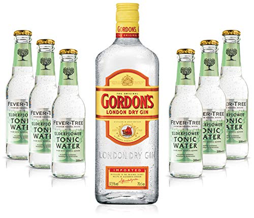 Gin Tonic Set - Gordons Gin 0,7l 700ml (37,5% Vol) + 6x Fever Tree Elderflower Tonic Water 200ml inkl. Pfand MEHRWEG von Gordons-Gordons