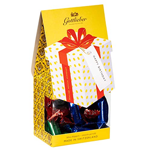 Gottlieber Mini-Hüppen «Tradition» mit Geschenk-Motiv: «Happy Birthday» (Waffelröllchen mit Cremefüllung Praliné, Mocca, Gianduja) 150g (31010232) von Gottlieber Spezialitäten AG