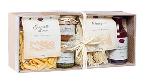 PPK11-3 Gourmet Berner - Präsentkarton "Italienische Pasta": Garganelli all uovo, Stringozzi, Tomaten Basilikum Pesto, Pesto Genovese, Salsa Pronta di Pomodoro Ciliegino, inkl. Klarsichtdeckel, ORIGINAL-PREIS 33,00 € von Gourmet Berner