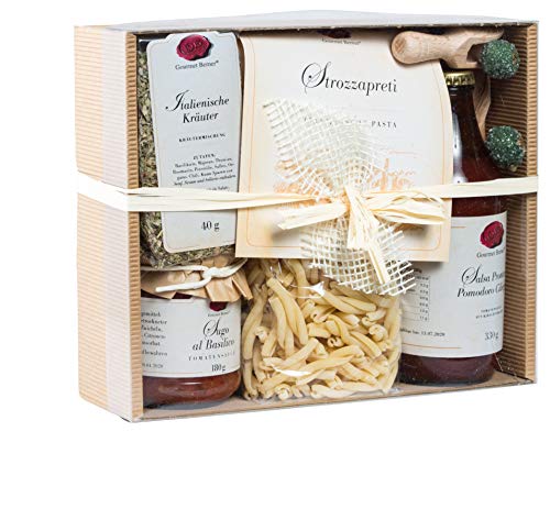 PPK13-6 Gourmet Berner - Präsentkarton "Pausa deliziosa" : Italienische Kräuter, Sugo al Basilico, Strozzapreti Nudeln, Salsa Pronta di Pomodoro Ciliegino und Dekoration, ORIGINAL-PREIS 22,25 € von Gourmet Berner