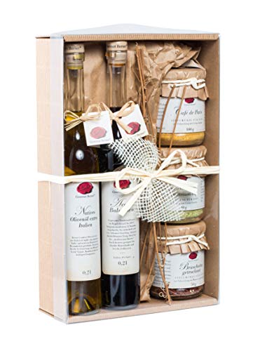 PPK17-2 Gourmet Berner - Präsentkarton "Küchen-Basis-Set": Aceto Balsamico dunkel, Olivenöl Italien, Gartenkräuter Sommertraum Dip, Cafe de Paris, Bruschetta trocken, inkl. Klarsichtdeckel, ORIGINAL-PREIS 42,50 € von Gourmet Berner