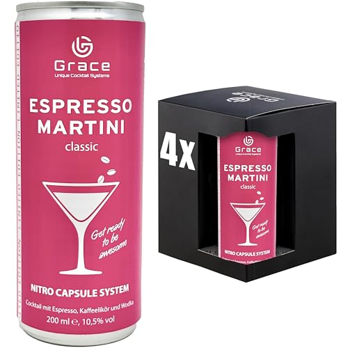 Grace Espresso Martini Dose inkl. Geschenkbox Pink Edition (4 x 200 ml inkl. Pfand) – der legendäre Cocktail perfekt gemixt dank innovativem Kapselsystem – Kaffeelikör Espresso Martini von Grace Unique Cocktail Systems