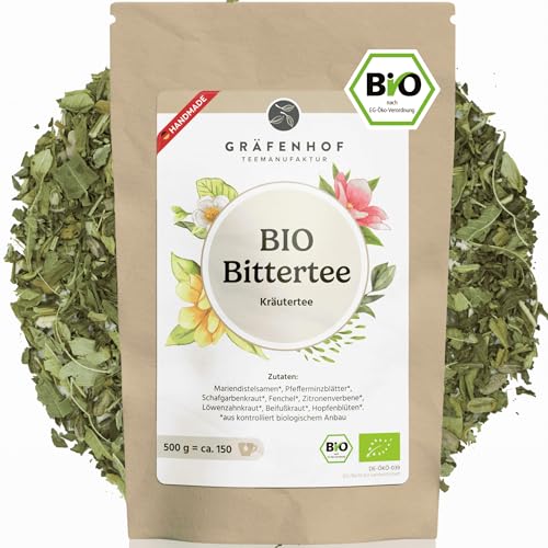 Bittertee Bio loser Kräutertee mit Bitterstoffe, 100g, natürliche Bitterkräuter Lebertee mit Mariendistel, Löwenzahn, Beifuß, Alternative Bittertropfen, Kapseln, Tabletten von Gräfenhof