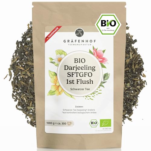 Darjeeling First Flush Bio Tee, 1000g, (50+ Tassen) Premium loser Schwarztee, feinste blumige Note, ganze lose Blätter, direkt aus Indien, analysiert und geprüft, naturbelassen in DE abgefüllt von Gräfenhof