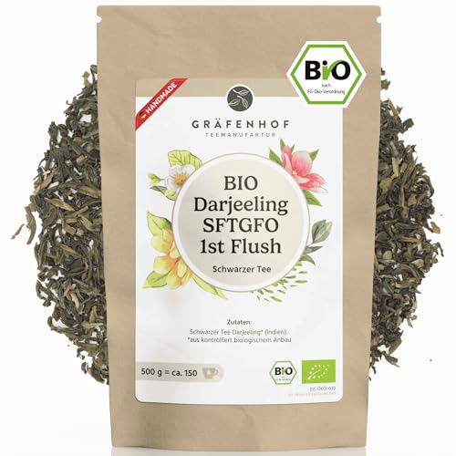 Darjeeling First Flush Bio Tee, 500g, (50+ Tassen) Premium loser Schwarztee, feinste blumige Note, ganze lose Blätter, direkt aus Indien, analysiert und geprüft, naturbelassen in DE abgefüllt von Gräfenhof