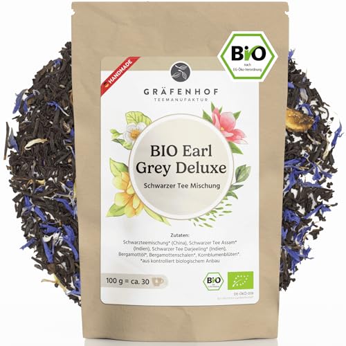 Gräfenhof Earl Grey Tee, mit Assam, Ceylon und Darjeeling | mit Bergamottenstücken & Öl | Blatttee | Koffeinhaltig | 100g loser Tee, 100% BIO von Gräfenhof