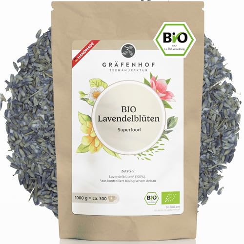 Lavendelblüten getrocknet Bio, 1000g, ganze essbare Blüten auch als duftende Lavendelsäckchen, Duftkissen als Mottenschutz oder Lavendeltee nutzbar, beruhigender Kräutertee, Premium Qualität von Gräfenhof