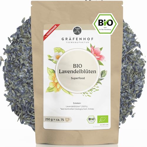 Lavendelblüten getrocknet Bio, 250g, ganze essbare Blüten auch als duftende Lavendelsäckchen, Duftkissen als Mottenschutz oder Lavendeltee nutzbar, beruhigender Kräutertee, Premium Qualität von Gräfenhof