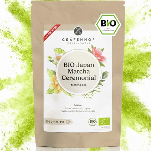 Matcha Pulver Bio aus Premium grünem Tee, 500g, Japan Matcha Tee Ceremonial grade ideal zum Trinken, Grüntee für Latte, Smoothies Getränk, Feinstes japanisches Grünteepulver, aus Tsuki von Gräfenhof