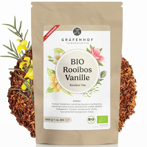 Rooibos Vanille Bio Tee, 1000g cremig süß, loser mit echten Vanilleschoten, zu 100% rein und geprüft, aus kontrolliert biologischem Anbau, ohne Koffein, Premium Gräfenhof Tee von Gräfenhof