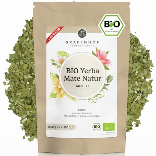 Yerba Mate Tee Bio, Das Original, 1000g loser Matetee, hoher Koffeingehalt, ungeröstet, luftgetrocknet, im Labor analysiert, Mateblätter in Deutschland abgefüllt, Gräfenhof Premium Qualität von Gräfenhof