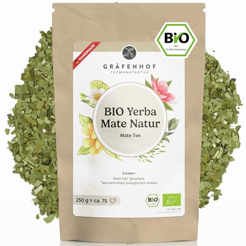 Yerba Mate Tee Bio, Das Original, 250g loser Matetee, hoher Koffeingehalt, ungeröstet, luftgetrocknet, im Labor analysiert, Mateblätter in Deutschland abgefüllt, Gräfenhof Premium Qualität von Gräfenhof