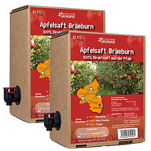 2 x 5 Liter-Box Apfel Direktsaft Braeburn aus der Pfalz, 100% Apfelsaft, vegan und ohne Zusätze - 2 x 5-Liter Boxen von Granar