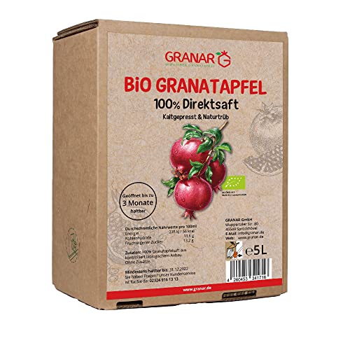 Granar 5 Liter Bio Granatapfel Direktsaft Muttersaft, 100% Granatapfelsaft in der Box, Naturtrüb, ungefiltert und naturtrüb, Alle 6 Wochen frisch abgefüllt von GRANAR Geschenke der Natur