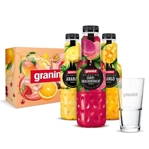 granini Selection Geschenkset: Probierbox mit 1x Ananas (0,75l) + 1x Guave-Drachenfrucht (0,75l) + 1x Mango (0,75l) + granini Cocktailglas (0,4l) von Granini