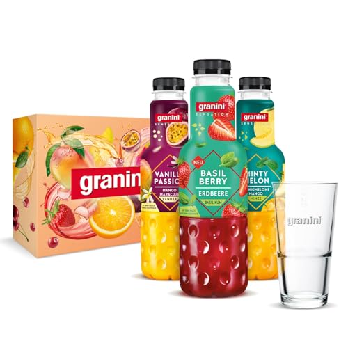 granini Sensation Geschenkbox: 1x Vanilla Passion (0,75l) + 1x Basil Berry (0,75l) + 1x Minty Melon (0,75l) + granini Cocktailglas (0,4l) von Granini