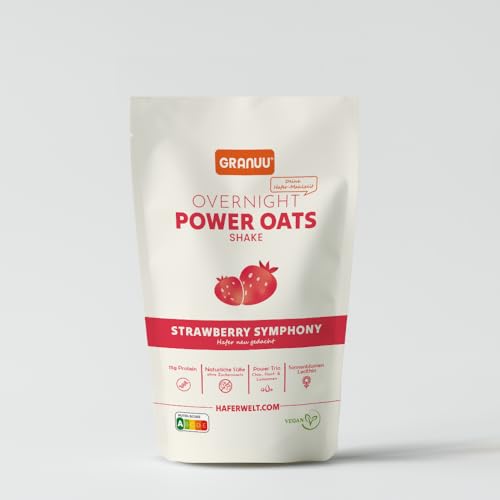 Haferwelt Overnight Oats (Power) Shake Strawberry Symphony (12 Packungen + 1 Gratis Shaker) -Hergestellt in Deutschland, 15g protein pro portion, Ohne Zuckerzusatz, Nutri-score A, Vegan von Granuu