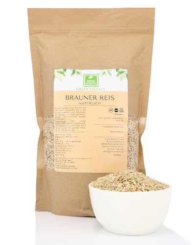 Brauner Reis Vollkorn von der Grünen Essenz - Naturreis Vollkornreis reich an Ballaststoffen – Reis ungeschält – Langkornreis – Reis dunkel - Long Grain Brown Rice (1 Kilogramm) von Green Essence