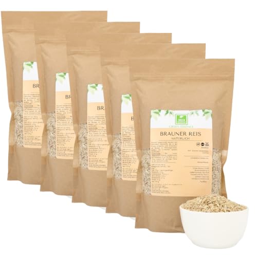 Brauner Reis Vollkorn von der Grünen Essenz - Naturreis Vollkornreis reich an Ballaststoffen – Reis ungeschält – Langkornreis – Reis dunkel - Long Grain Brown Rice (5 Kilogramm) von Green Essence