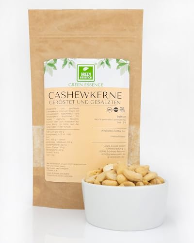 Cashewkerne geröstet und gesalzen 250g von der Grünen Essenz - Knusprig geröstete Cashewnüsse als leckerer salziger Snack - Vegan Cashews mit Salz - Natürlicher Keto-Snack (250 Gramm) von Green Essence