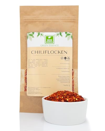 Chilli Flocken geschrotet mit Kernen von der Grüne Essenz scharf geschrotete Chilis – Chiliflocken Chilischoten Chili gehackt scharfe Paprikaflocken für die Mühle (250 Gramm) von Green Essence