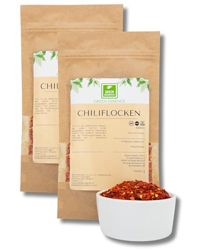 Chilli Flocken geschrotet mit Kernen von der Grüne Essenz scharf geschrotete Chilis – Chiliflocken Chilischoten Chili gehackt scharfe Paprikaflocken für die Mühle (500 Gramm) von Green Essence