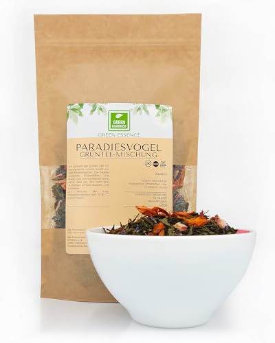 Der Paradiesvogel Tee Aromatischer Sencha-Grüntee 100g von der Grünen Essenz - Grünteemischung Sencha mit Blütenblättern und einer säuerlichen Note von Rhabarber (100 Gramm) von Green Essence