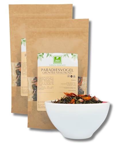 Der Paradiesvogel Tee Aromatischer Sencha-Grüntee 200g (2 * 100g) von der Grünen Essenz - Grünteemischung Sencha mit Blütenblättern und einer säuerlichen Note von Rhabarber (200 Gramm) von Green Essence